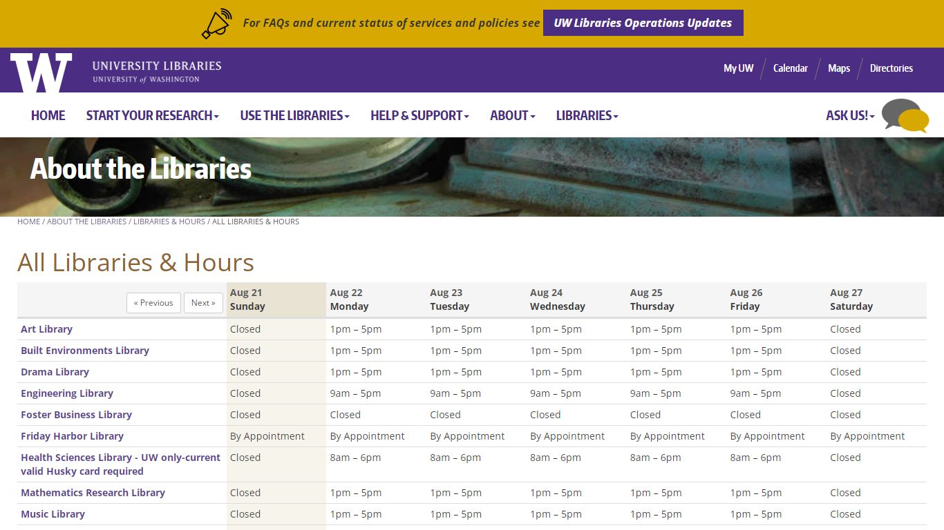 All Libraries & Hours — UW Libraries - University of Washington