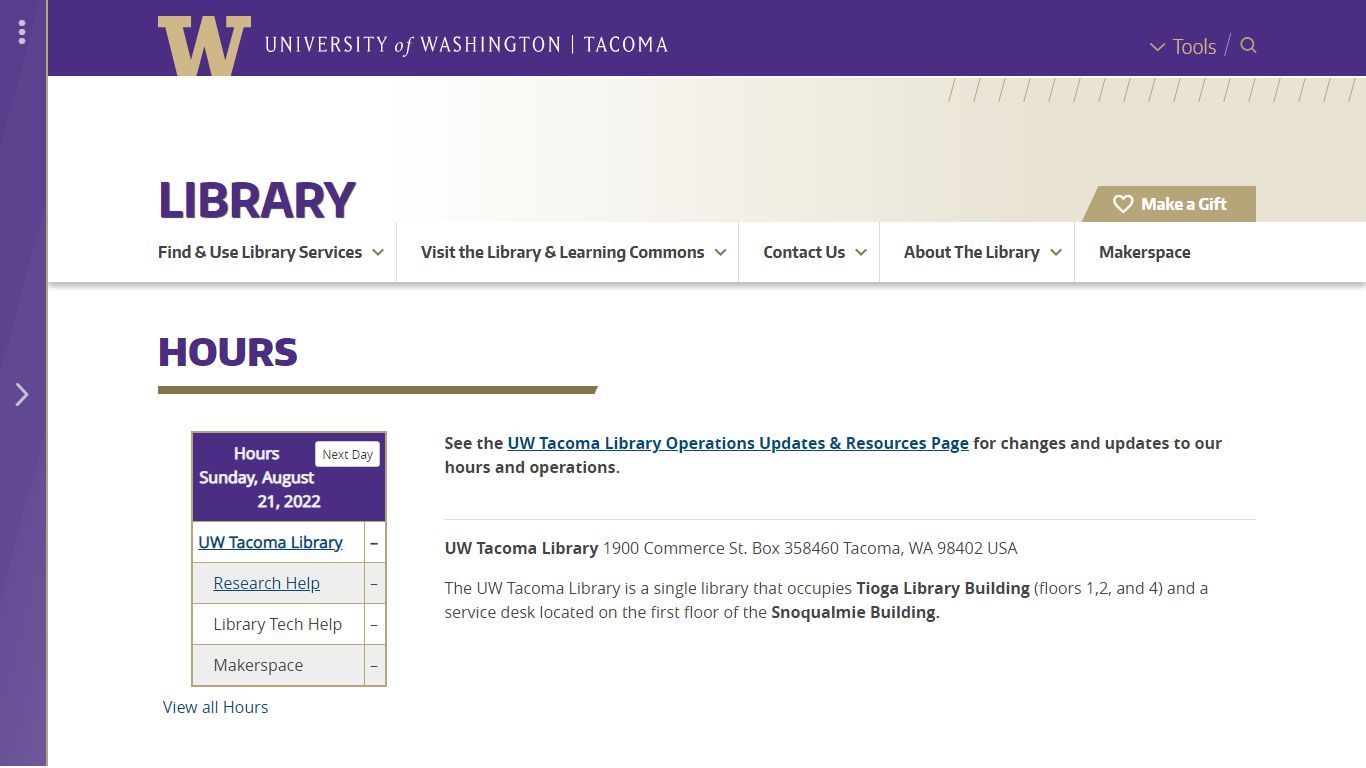 Hours | Library | University of Washington Tacoma