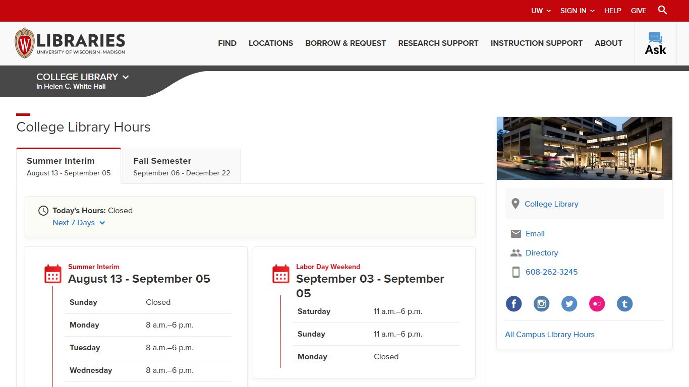 Library Hours | College Library | UW-Madison Libraries