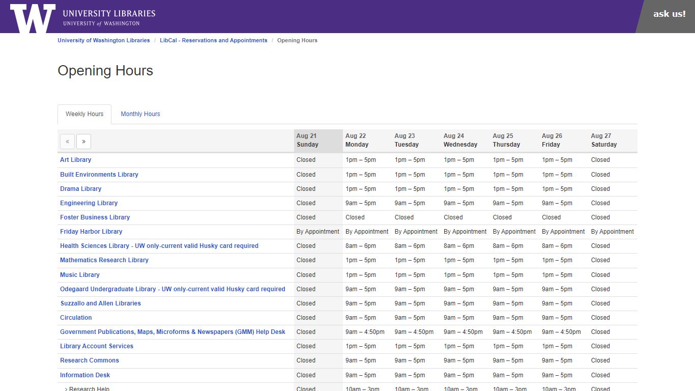 Opening Hours - LibCal - University of Washington
